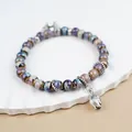 Handmade ceramic beaded bracelet with lotus pendant in vintage purple and blue style - Ink Wash Lotus Bud Butterfly (1784-02)