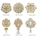 Detailed view of six gold-toned brooches with pearls and rhinestones and dimensions. - Six-Piece Set KC Gold Pearl With Pendant Brooch (KC Gold 6-Pack With Pendant)