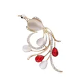 Elegant gold peacock brooch featuring cat eye stones and vibrant red water-drop crystals - Cat's Eye Peacock Style (XD825420-1)
