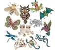 Elegant colorful rhinestone animal brooch set featuring butterfly bee and owl designs - 12-Piece Animal Brooch Set (XD11356-12)