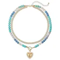 Bohemian style multi-color natural stone beaded layered necklace with a gold heart pendant - Style 99 / 8mm