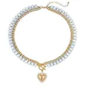 Bohemian style layered necklace with light blue beads and a golden heart pendant charm - Style 102 / 8mm