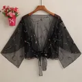 Elegant summer black sheer mesh cardigan shawl with floral embroidery and tie-front - L / Black