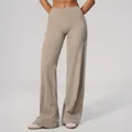 High-waisted beige wide-leg yoga pants for women, soft brushed athletic fabric. - S / Flaxen