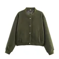 Front view of an olive green casual bomber jacket with snap buttons and ribbed trim. - Olive Green