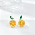 Exquisite fresh yellow lemon fruit stud earrings with green leaf and golden plating detail - Sliced Lemon Style (0214)