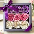 Detailed view of 9-rose soap flower gift box in purple, pink and white with ribbon bow - Purple Pink White