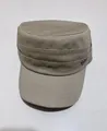 Classic khaki cotton military style flat top cap with decorative metallic side badge - Beige