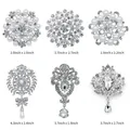 Set of 6 elegant silver rhinestone flower brooches with specific dimensions in inches. - Six-Piece Set Silver Tone Pearl With Pendant Brooch (Silver 6-Pack With Pendant)