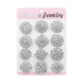 Set of 12 elegant silver-plated floral rhinestone brooches on a pink display card - 12 Styles Silver Tone Rhinestone Brooch Set (KZ001-03)