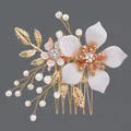 Elegant handmade bridal flower hair comb with white pearls and gold alloy petals. - Forest Style Alloy Leaf Hair Clip (HS-J6455)