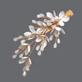 Handmade white enamel flower hair clip with gold alloy and pearl beads for brides. - Simple Floral Leaf Photography Hair Clip (HS-J6567)