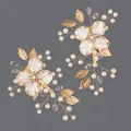 Handgefertigte Braut-Haarspange mit Kunstperlen und goldenen Blättern für Hochzeiten - Flower Beaded Style / 2er Set / Gold