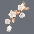 Handmade bridal hair clip featuring white flowers, gold leaves and shiny crystal accents - Forest Soft Pottery Floral Hair Clip (HS-J7445G)