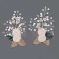 Handmade bridal hair clips with pearls, crystals and cream fabric flowers in golden finish - Luxury Artificial Pearl Floral Clip (HS-J6795)