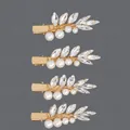 Elegant gold-toned leaf hair clips with pearls and faceted crystals for brides - Gold Branch Date Duckbill Clip (HS-J6573G)
