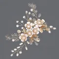 Handmade bridal hair clip featuring elegant white flowers, golden leaves, and pearls - Gold Versatile Petal Duckbill Clip (HS-J7184G)