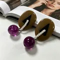 Vintage style contrast color drop earrings with purple resin beads and pearl details - Coffee Oval Artificial Pearl Amethyst Earrings (2606055)