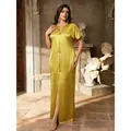 Elegant golden satin maxi dress with split hem and 3D flower details in plus size - Yellow