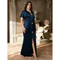 Plus size navy blue satin maxi dress with gold flower accents and front slit - Navy Blue