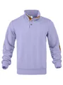 Detailed view of lavender men's cable knit pullover featuring stand collar and buttons - Light Purple