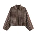 Veste courte marron à pois blancs avec fermeture éclair frontale et ourlet élastique - Pois marrons
