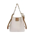 Elegant beige woven bucket bag with decorative scarf-wrapped gold chain handle and strap - Off White