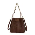 Elegant brown woven bucket bag featuring a silk scarf chain handle and crossbody strap - Brown