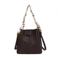 Elegant dark brown woven bucket bag with patterned silk scarf handle and strap - Brown