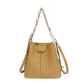 Sac seau en cuir tressé beige pour femme avec chaîne dorée et poignée en foulard blanc - Jaune