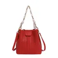 Sac seau tissé rouge tendance doté d'une poignée en chaîne décorative avec foulard - Rouge