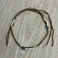 Retro handmade braided brown cord accessory featuring blue and white beads for hat decoration - 56-58cm / Coffee Leather Rope with Blue and White Bead Wrap Accessory (AB327)