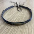 Vintage dark brown leather hat band with blue decorative stitching and bronze metal plate - 56-58cm / Dark Brown Blue Leaf Woven Bronze Metal Hat Strap (AB324)