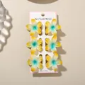 Set of six yellow and teal frangipani flower hair clips presented on a display card - 4cm Inlaid Frangipani Style / 6 Pieces/Pack (Bulk) / Gradient Yellow