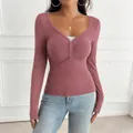 Women's Y2K style dusty pink long sleeve T-shirt featuring a button front detail - XS / Dusty Pink