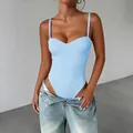 Elegant light blue Y2K style sweetheart neckline sleeveless bodysuit top for women - XS / Sky Blue