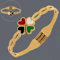 18K gold plated stainless steel open bangle with colorful four-heart clover - Four-leaf Clover Enamel (BS-J5595G)