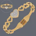 Elegant 18K gold plated stainless steel heart bangle for women with crystal inlay - Rhinestone Full Diamond Heart (BS-J5594G)