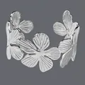 Elegant silver stainless steel open cuff bracelet featuring detailed textured flower design - Petal Texture (BS-J5551S)