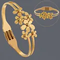 18K gold plated stainless steel floral bangle bracelet with spring clasp for women - Sculpted Blooms (BS-J5629G)