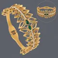 Luxury 18K gold plated leaf cuff bracelet with green gems and crystals - Green Rhinestone Leaf Style (BS-J5624G)