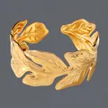 Elegant 18K gold plated stainless steel open cuff bracelet with irregular leaf pattern - Leaf Vein Texture(BS-J5550G)