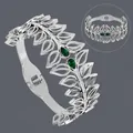 Silver leaf pattern bangle with green teardrop stones and sparkling clear crystals - Green Rhinestone Leaf Style (BS-J5624S)