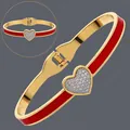 Elegant red enamel heart bracelet in 18K gold plated stainless steel for stylish women - Red Heart Enamel (BS-J5645GRED)