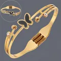 18K gold plated stainless steel irregular open bangle with black butterfly motif - Vintage Butterfly (BS-J5590G)
