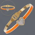 Luxury 18K gold plated heart bangle with bright orange enamel and micro-pave crystals - Orange Heart Enamel (BS-J5645GJS)