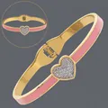 Exquisite 18K gold plated stainless steel heart bracelet with pink enamel and crystals - Pink Heart Enamel (BS-J5645GPINK)