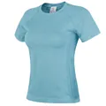 Detailed view of the breathable mesh side panels on this slim-fit blue women's sports T-shirt - Fantasy Blue