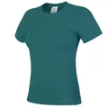 Close-up of women's breathable yoga T-shirt with side mesh panels and slim fit design. - Green Jade