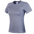 Close-up view of a women's breathable mesh yoga T-shirt with slim fit athletic design - Starry Night Blue